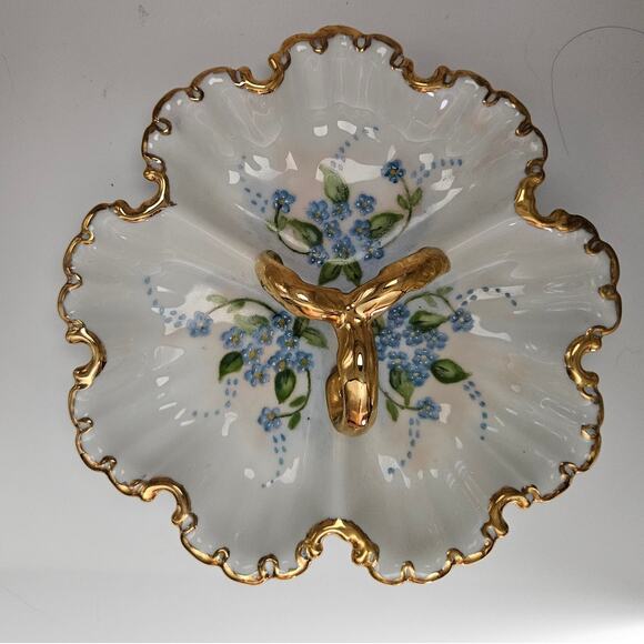 Vintage 1971 Hand Painted Porcelain Divided Dish Blue Flowers Gold Trim Signed - Picture 4 of 5